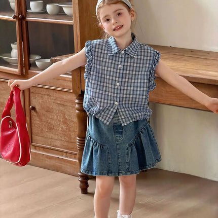 2-7Y Summer Casual Children Sleeveless Blouse Blue White Plaid Girls Ruffle Style Shirt Lightweight Breathable Kids Clothes