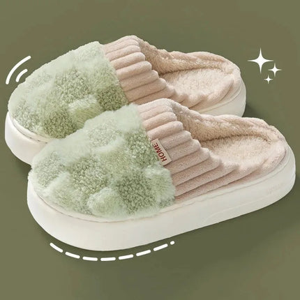Fashion Couple Winter Toe Wrap Warm Plaid Plush Slippers Men Women Thick Soft Sole Slides Indoor Floor Flat Home Non-slip Shoes