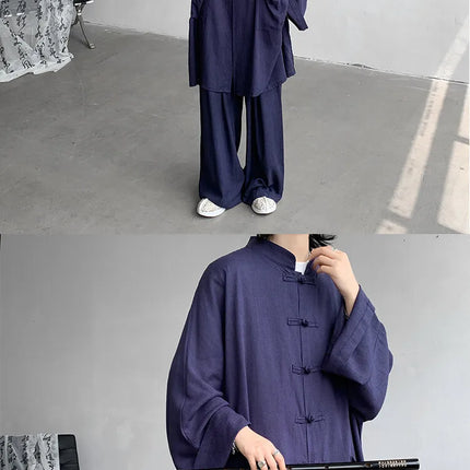 New Chinese Style Men's Shirt and Pants Set Retro Spring Autumn Youth Chinese Style Clothing Polyester Fiber Machine Washable