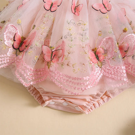 Summer Infant Baby Girl Rompers Dress Lace Trim Butterfly Embroidered Fly Sleeve Tulle Jumpsuit Bodysuits Clothes with Headband