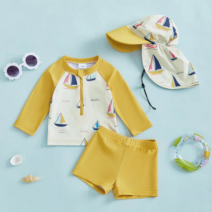 0-6Y Boys Rash Guard Swimsuit Set Sailboat Print Long Sleeve Zipper Tops with Shorts and Swim Hat 3Pcs Outfits