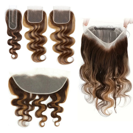 Body Wave Highlight 360 Lace Frontal Only Ombre Brown Honey Blonde 2x6 4x4 5x5 13x4 Lace Closure P4/27# Human Hair Extensions
