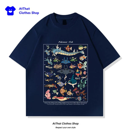 pokemon Fish Guide clothing, Japanese-style retro pure cotton loose summer short-sleeved T-shirt