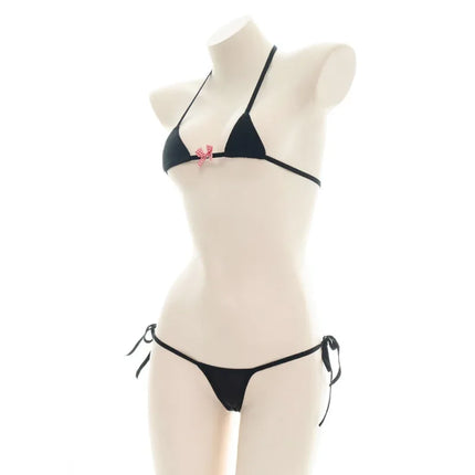 Beach Girl Black Stripe Bikini Swimsuit Costume Backless Set Women Sweet Lolita Bow Bandage Striped Swimsuit Mini Bikini Adult