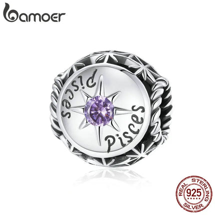 BAMOER Zodiac Star Sign 925 Sterling Silver Charm Beads Fit for Charm Bracelets, 12 Constellations Cubic Zirconia Charm SCC1725