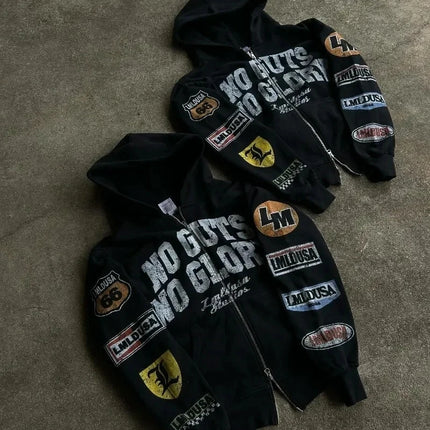 New Motorcycle Style Harajuku Women Letter Printed Hoodie Retro Gothic High Street Men and Women Casual Loose Zipper Sweatshirt