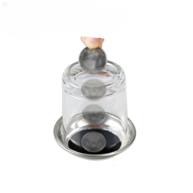 1 Pieces Coin Penetration Magic Tricks Quality Stretch Coins Thru Glass Cup Bottom Into Cup Black Hole Magic Props Illusion