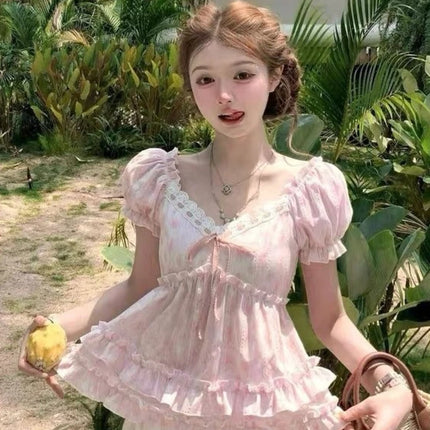 Summer 2026 New France Pink Floral Bubble Off-the-shoulder Two Lotus Leaf Doll Collar T-shirts Women Kawaii Sweet Cute Tees