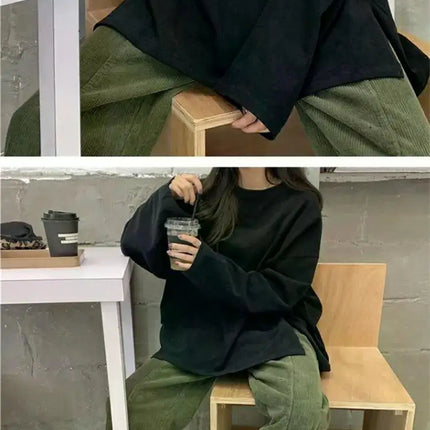 Harajuku Long T-Shirt Spring Autumn Solid Simple Oversized T-shirt for Women Goth T-shirts Split White Black Long Sleeve Tops