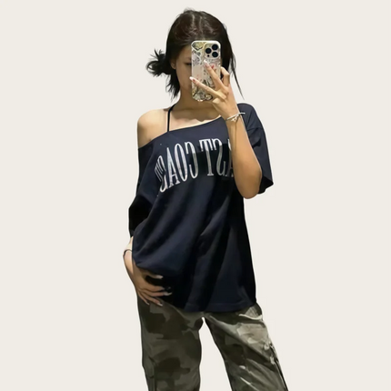 Women's American-Style Short-Sleeved T-Shirt, Summer Design, Finterest Slimming, Loose, Retro Off-Shoulder Top