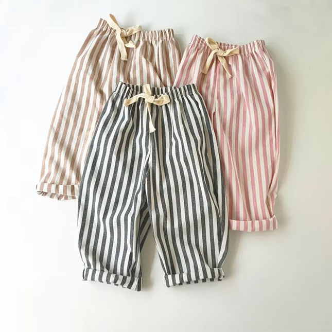 Retro Hemp Cotton Striped Boys' Pants with a Casual and High-end Design Elastic Waist Girls' Clothing Children's Pants
