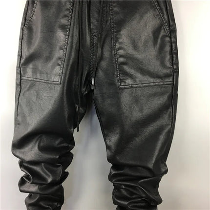 Men Casual Cargo Harem Pants High Street Hip Hop Length PU Faux Leather Sweatpants Autumn Winter Black Big Size