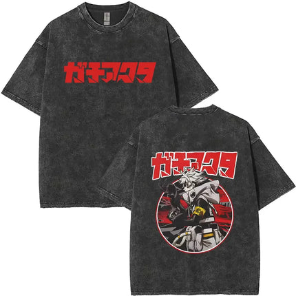 Washed Vintage Anime Gachiakuta Rudo Enjin Zanka Riyo Face Graphic T-shirt Men Women Casual Cartoon Manga Short Sleeve T-shirts
