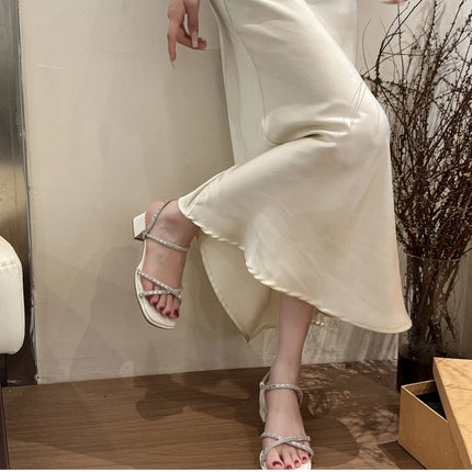 Designer Luxury Summer Women's Sandals Fashion Crystal Narrow Band Pumps Concise Thick Heel Party Dress Sandalias