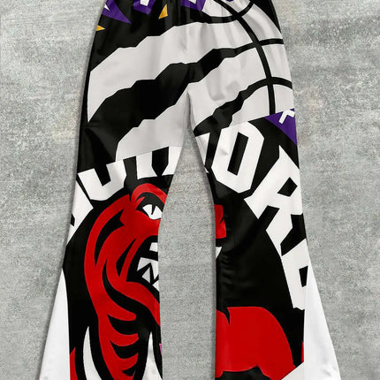 Men's Casual Street Style Trendy Cross Print Fashionable Slightly Flared Black and White Color-Block Design Sweatpants Men Pants