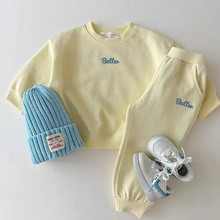 Casual Kids Tracksuit Set for Boys Girls Pure Cotton Solid Color Embroidered "Butter" Sweatshirt Pants Spring Autumn Wear