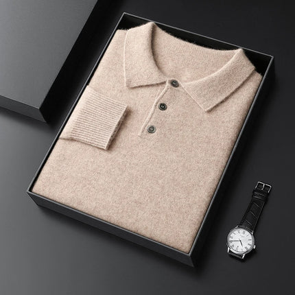 Men's POLO Collar Knitted Pullover Sweater 100% Cashmere Long Sleeved Shirt Casual Business Solid Color Men's Tops Autumn Winter