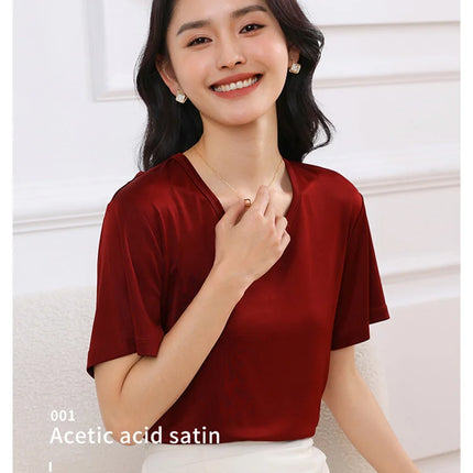 2026 Summer New Women's T-shirt V-neck Knitted Women's Short Sleeve High end Acetate Fiber White Fashion Women's Top