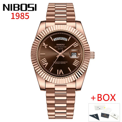 NIBOSI Brand Luxury Gold Red Quartz Watch for Men, Stainless Steel, Waterproof, Luminous, Date, Week, Fashion Men's Watches, Reloj Hombre