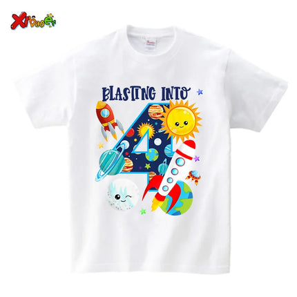 Boys Outer Space Birthday Shirts Girl Custom Outfit Rocket Children's Summer Cotton Top Clothing Set Clothes Children Clothing