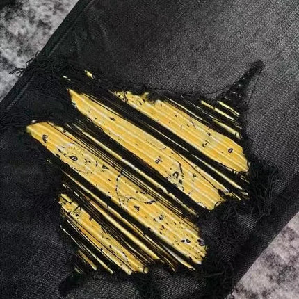 Men Yellow Ribbed Patches Distressed Jeans