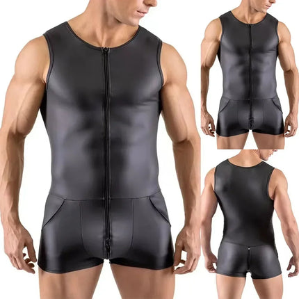 New Men Sexy Wet Look Lacquered Patent Leather Sleeveless Bodysuit Jumpsuit Clubwear Costume Zip Up Tight Solid Men's Bodysuits