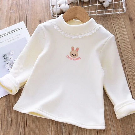 1pc Children's T-Shirt Rabbit Embroidery Velvet Warm Top Kids Half High Collar Long Sleeve Base Shirt Girls T-Shirts Clothes