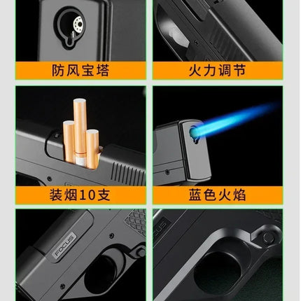 Pistol Style Lighters with 3 Cigarette Case Jet Turb Lighter Gas Lighter Capacity 10PCS Windproof Cigar Lighter Gadgets for Men