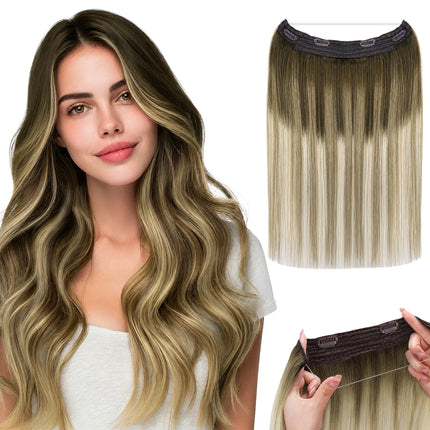 Wire Hair Extensions Real Human Hair Balayage Dark Brown to Chestnut Brown Invisible Transparent Remy Fish Line Hair Extensions