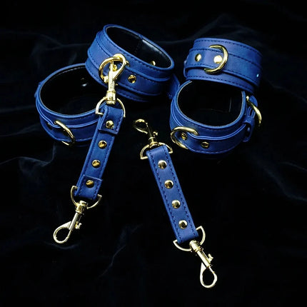 Premium Grain Blue Bondage Kit Restraints Set Handcuffs Erotic Wrist Ankle Cuffs Collar with Leash BDSM Fetish Sex Adult Games