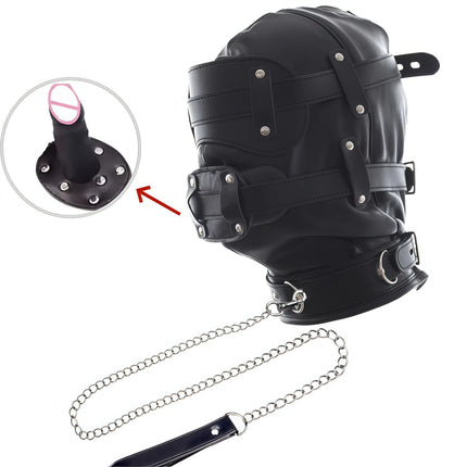 PU Leather BDSM Bondage Hood Sensory Deprivation Mask With Blindfold Removable Dildo Gag Lockable Head Harness Sex Toys  Couples