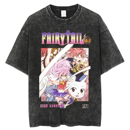 FAIRY TAIL Anime Manga Peripherals T-shirt Natsu Lucy Happy Gray Graphic Print Washed Vintage Short Sleeve Men Women Cotton Tee