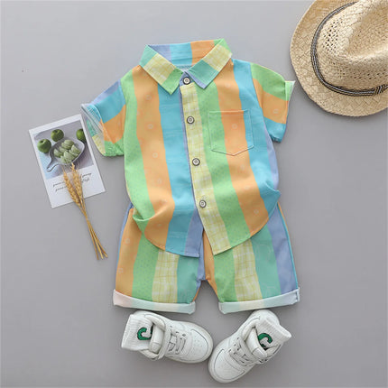 2PCS baby and toddler summer full print three color vertical stripe pattern stand up collar shirt short sleeved shorts set