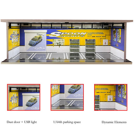 1/64 Scale Car Garage Diorama with USB LED Light Realistic Parking Lot Display Case for Model Cars & Miniature Vehicles