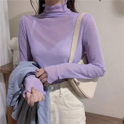 High Neck Sheer Mesh Top Women Clothing Long Sleeve Turtleneck T-shirt Korean Sexy See Through Black White Beige Shirt New