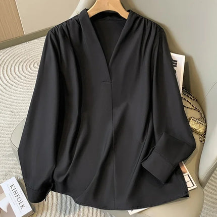 2026 Spring Autumn Long Sleeve Big Size Women Shirts Office Lady V-Neck Solid Color Blouses Elegant and Youth Woman Tops