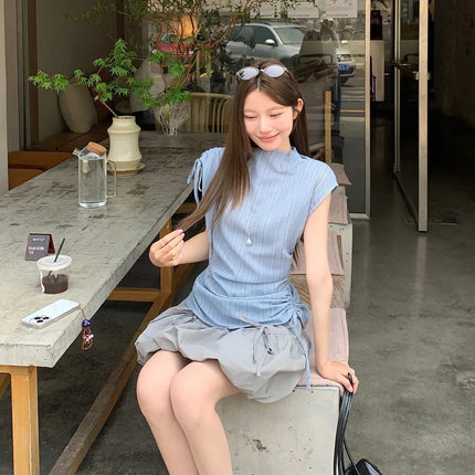 Blue Striped Drawstring Tie Women's Shirt Summer New Style French Stripe Design Modified Version Round Neck Sleeveless Dress