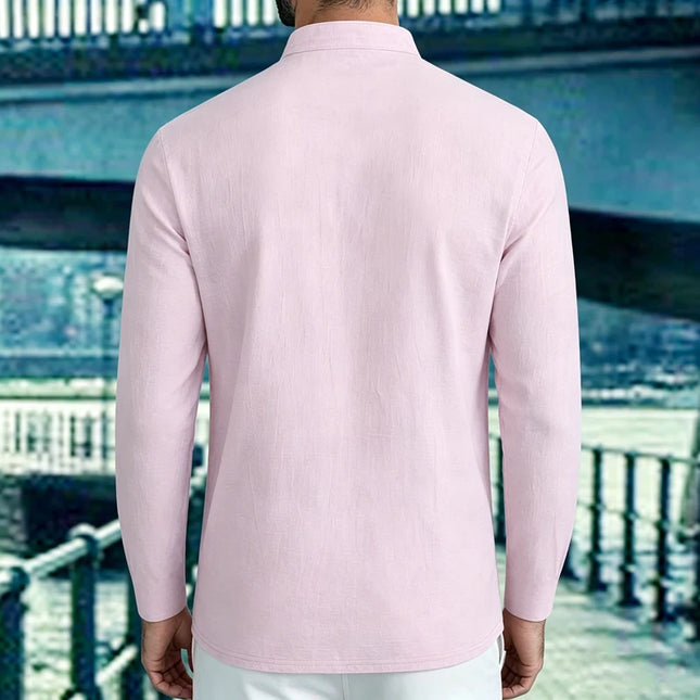 Men's Lightweight Shirts Long Sleeve Henley Cotton Linen Shirts for Male Beach Hawaiian V-neck Top Breathable Polo Shirts