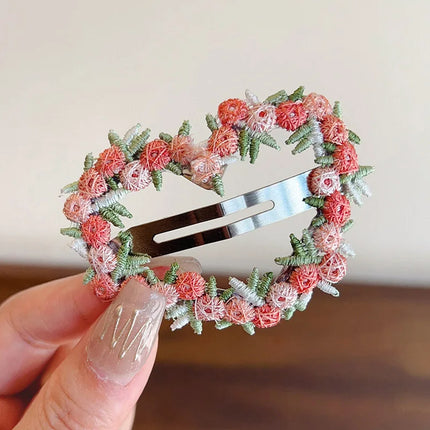 Sweet Flower Embroidery Hair Clips for Girl Love Heart Shaped Hairpins Princess Baby Barrettes Sided Clips Kids Hair Accessories