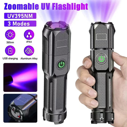 Portable UV Flashlight UV 395NM Zoomable ABS Torch 3 Modes Camping Ultraviolet Flashlights For Pet Stacks Fluorescent Detection