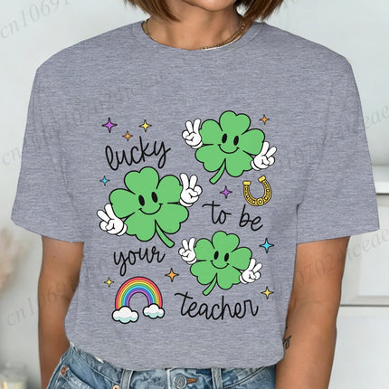 St Patrick's Day Teacher Shirt, Lucky Teacher Women's T-Shirts，Retro T-Shirts，unisex Tops Tees,short Sleeve Women's Clothing