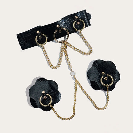 Sexy Body Chain Erotic Accessories For Women Pu Leather Nipple Cover Reusable With Choker Metal Chain Linked Nipple Pasties