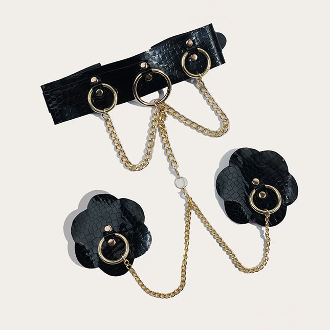 Sexy Body Chain Erotic Accessories For Women PU Leather Nipple Cover Reusable With Choker Metal Chain Linked Nipple Pasties