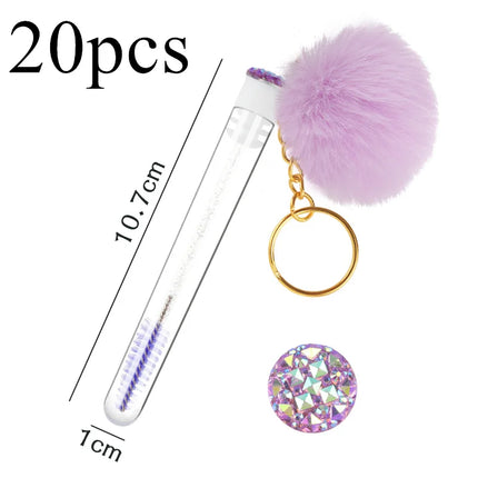 5pcs Gold Keychain Tube Eyelash Brush Eyebrow Comb Microbrush Lash Extension Micro Brushes Makeup Tool Fluffy Fur Ball Decorate