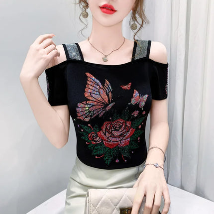 New Summer European Clothes Women's T-Shirts Luxury Butterfly Hot Diamonds Tees Sexy Streetwear Off-Shoulder Tops Shirt