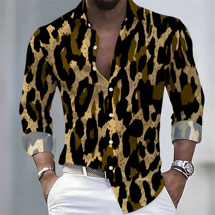 New Men's Leopard Print Long-Sleeved Shirt, Trendy Retro Slim-Fit Turn-Down Collar Casual and Stylish Men's Shirt, Sizes S-6XL.