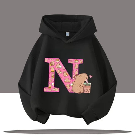 The A-Z Kapibara Cartoon Printed Children's Hoodie, Autumn Outdoor Casual Top for Boys and Girls with A Hooded Pullover
