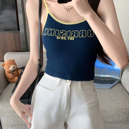 Summer Outdoor Svel Design Sensation Spicy Girl Top American Retro Color Collision Letter Print Strap Vest Women