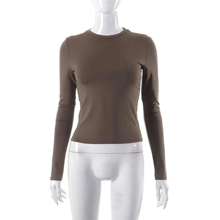 Women Fashion Casual Long Sleeve T-Shirt Lady Minimalist Style Solid Color Round Neck Top Female Casual Skinny Daily Clothes
