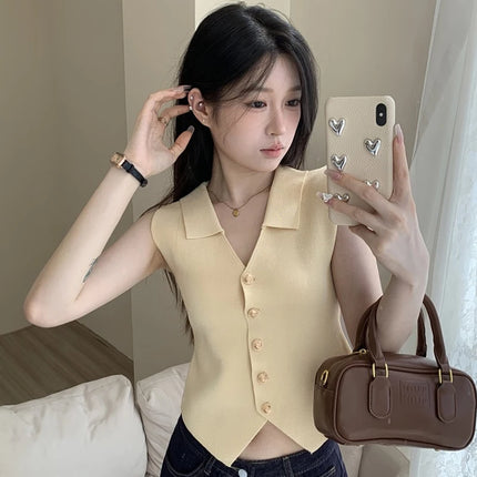 Women's French Temperament V-neck Sleeveless Slim Fit Knitted Vest Single Breasted Elegant Style